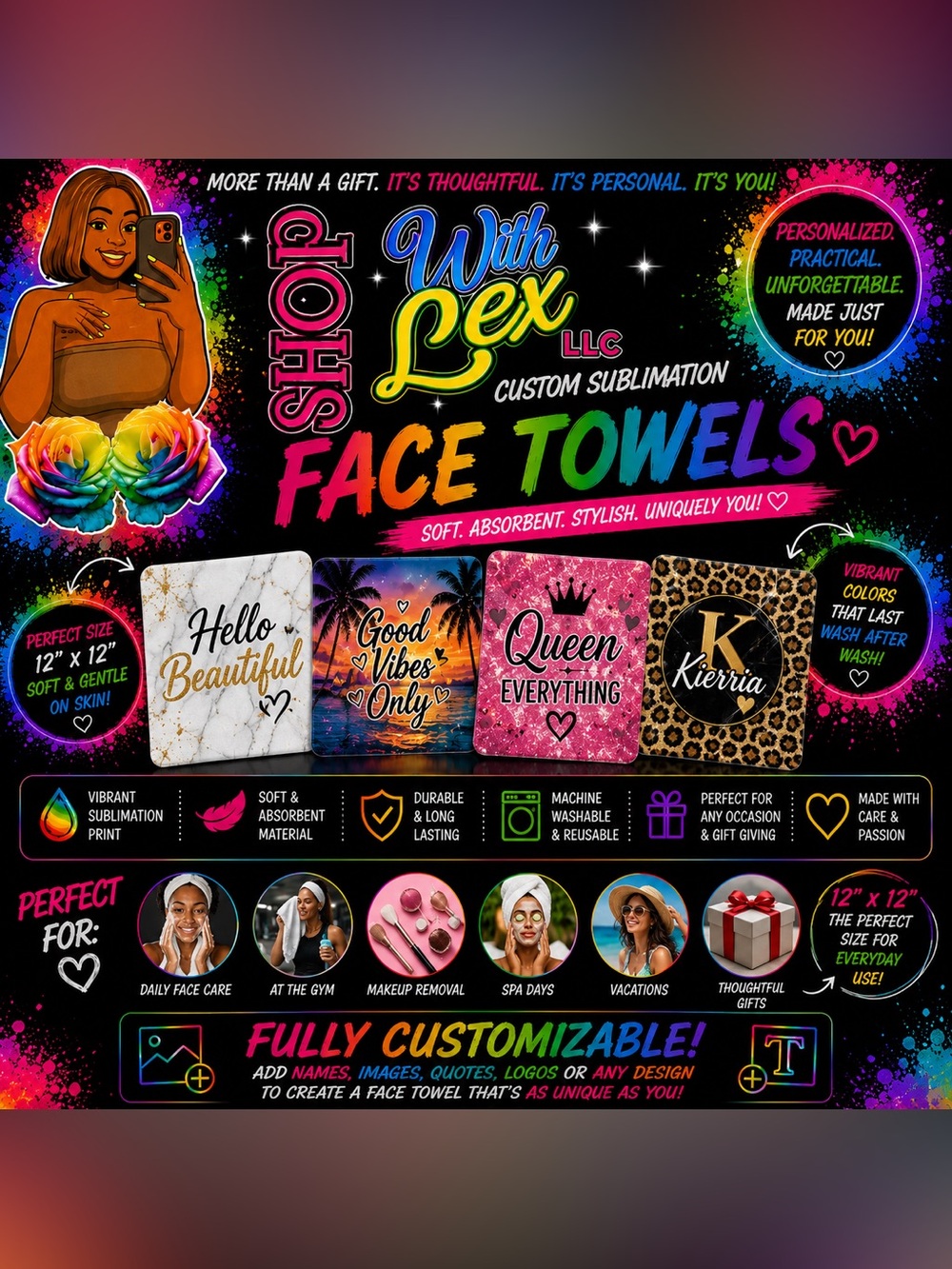 Custom Sublimation Face Towels — 12” x 12”